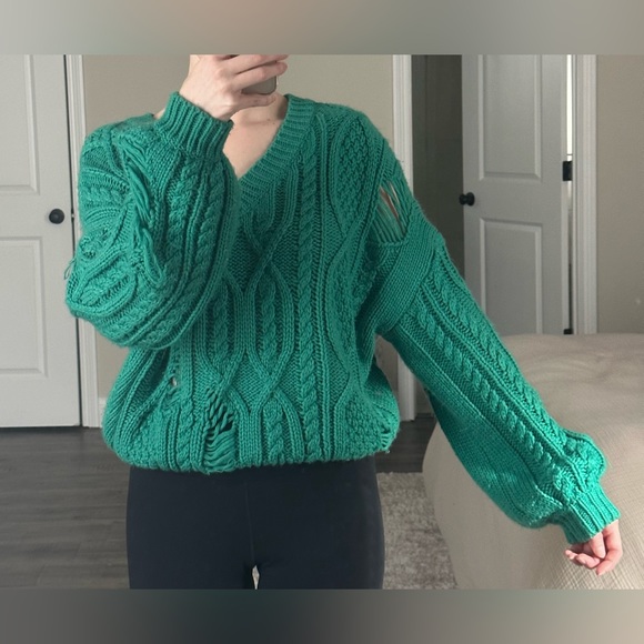 Chunky Knit V-Neck Sweater | Ripped Torn Sweater | Kelly Green Sweater - Picture 3 of 7